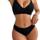 SOLY HUX Women's Lingerie Set 2 Piece Wireless Bra and Panty Underwear Sets (Plain Black)