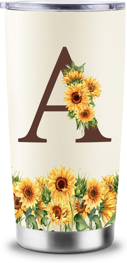 Sunflower Gifts for Women - Personalized Christmas Gifts for Women - Birthday Gift for Woman - Mothers Day Gift for Mom - Monogrammed, Initial 20oz Travel Cup Insulated Tumbler with Lid, A