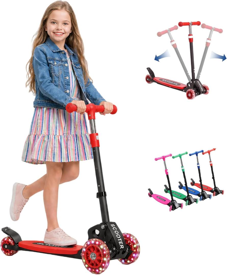 Kids Kick Scooter for 3-12,Lean-to-Steer 3 Wheel Scooter for Beginners with Light-Up Wheels,3 Adjustable Handlebar 27.5"33",6-Inch Wide Deck,Rear Foot Brake,Foldable Scooter for Boys & Girls (Red)