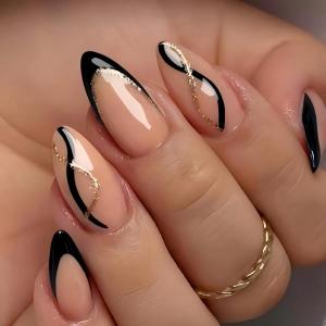 Black Press on Nails - French Tip False Nails with Gold Line Design - Almond Fake Nails Press ons - for Women 24 Pcs
