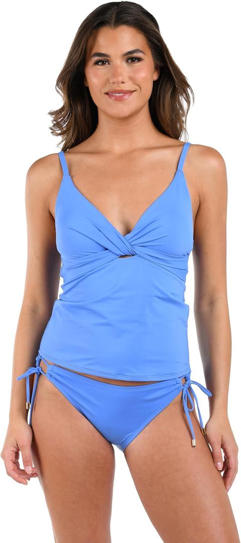 La Blanca Women's V-Neck Adjustable Twist Front Tummy Control Tankini Top (10, Chambray)
