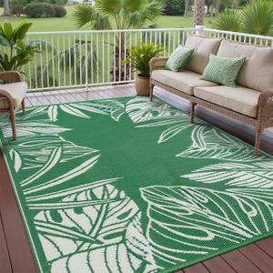 Outdoor Plastic Straw Rug Waterproof Patio 6x9 Green White Leaf Mat for Porch Camping RV Balcony Deck Courtyard Reversible Lightweight Durable Portable Carpet