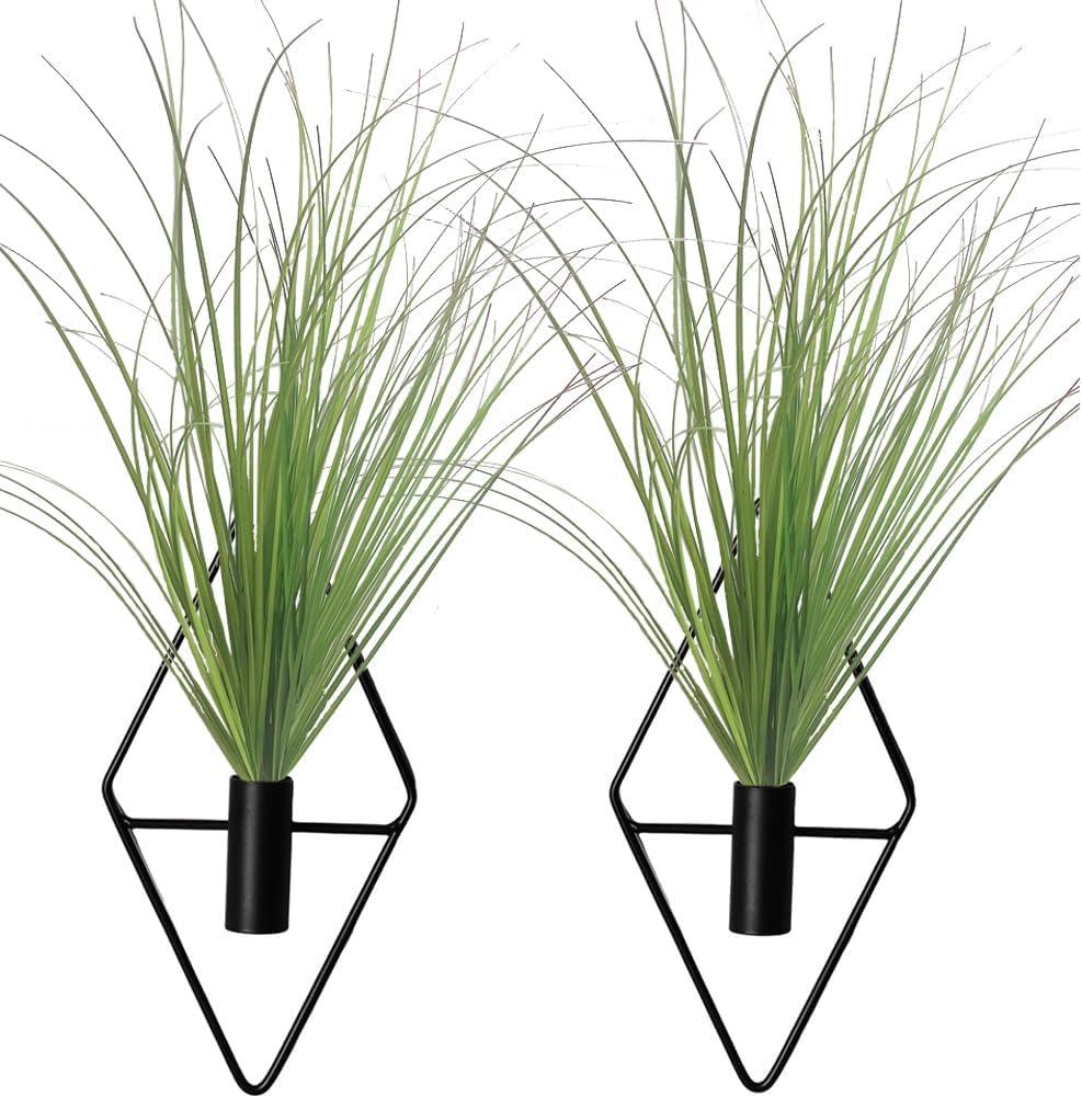 Hanging Planters with Artificial Plants, 2pcs Diamond Shape Metal Hanging Vase with Artificial Shrubs Wheat Grass Greenery Indoor Plants Holder Wall Decor for Home Living Room Bedroom Office (Black)