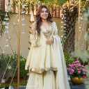 Women's Chinnon Silk Embroidery Salwar Suit Set Kurta Pant with Dupatta (Beige, L)