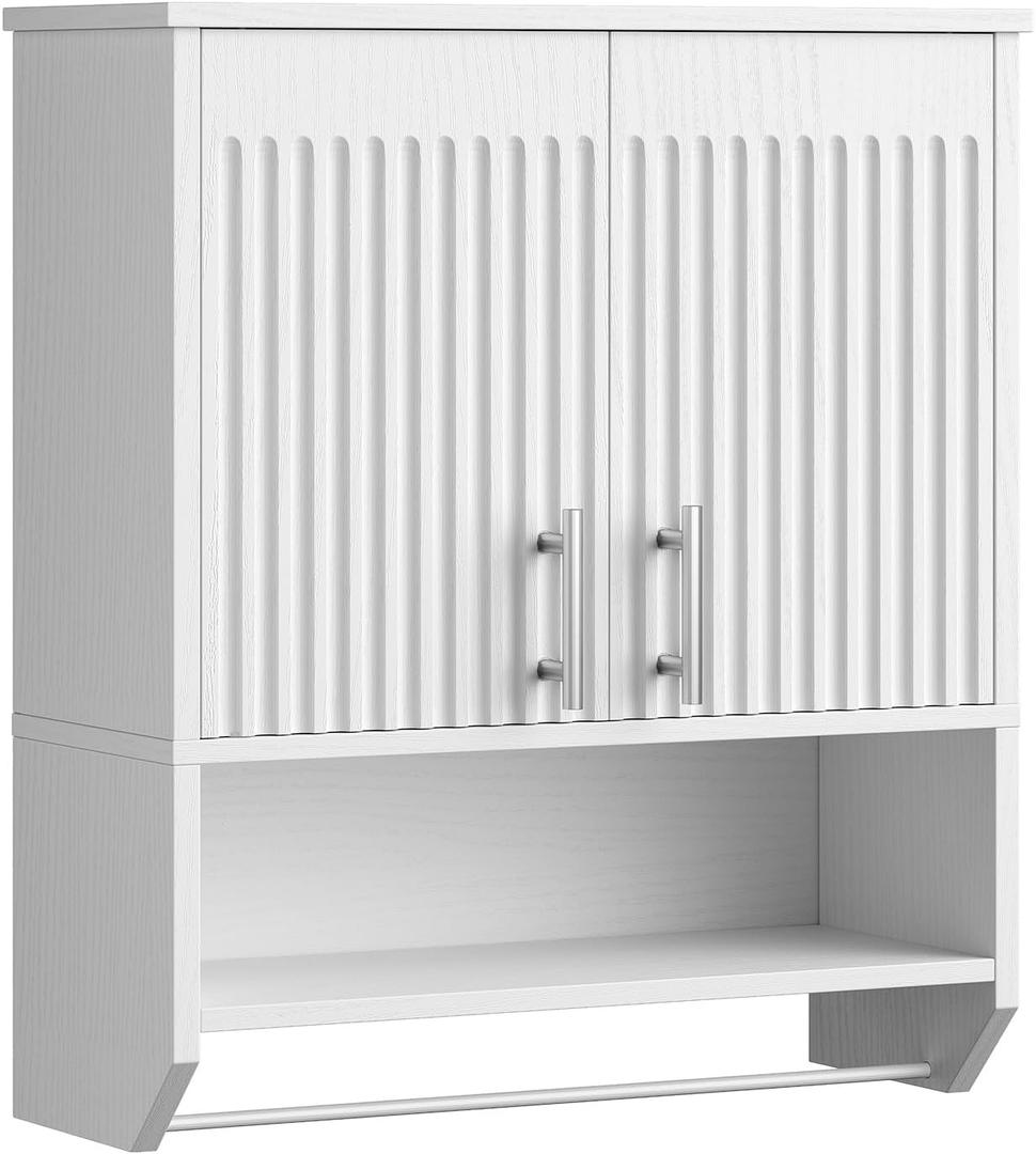 HOOBRO Fluted Bathroom Wall Cabinet, Farmhouse Medicine Cabinet with 2 Fluted Doors, Wall Storage Shelf with Towel Rack, Adjustable Shelf, for Small Spaces, Bathroom, Kitchen, White, 15.7"L x 7.9"W x 22.4"H