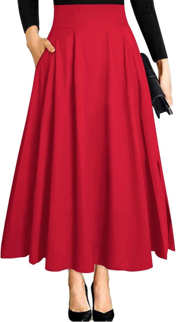 RANPHEE Women's Ankle Length High Waist A-line Flowy Long Maxi Skirt with Pockets (Mid-red, Large)