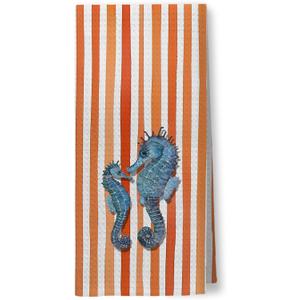 Orange Striped Sea Horse Kitchen Towels, Coastal Beach Nautical Hand Towels for Bathroom, Ocean Animal Dish Tea Towels for Kitchen Decor, Beach Coastal Bathroom Decor, 16x24 Inch