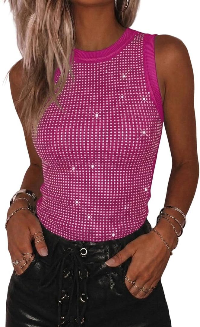 CHICME Women's Studded Sleeveless Knit Tank Top Slim Fit Ribbed Top Y2K Party Going Out Tops, Large
