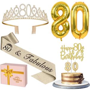 80th Birthday Decorations for Women Gold with 80th Birthday Sash and Tiara, Cake Topper and Candles, Number Balloons, 80 Year Old Gifts for Women