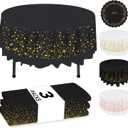 NORZEE 3-Pack Black Disposable Plastic Tablecloths, 84" Plastic Table Cloth, Round Table Cover Black Gold CONFETY (Black Gold)