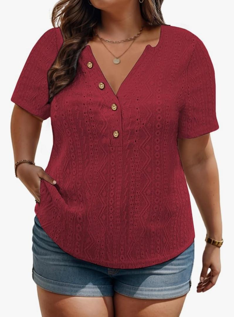VISLILY Plus-Size-Summer-Tops for Women Henley V Neck T Shirts Short Sleeve Buttons Up Tunics Dressy Eyelet Blouses, 3XL
