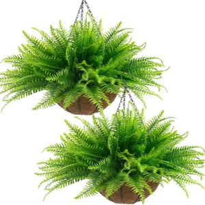 lovemoon Fake Ferns Plant Baskets,2PCS Artificial Hanging Plants,2 Hanging Planters with 24 Pcs Leaves for Indoor Outside Decorations for Front Porch Garden Balcony Patio Home Decor (2, Light Green)