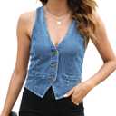 Ladyful Womens Denim Vest Sleeveless V neck Jean Suit Waistcoat Vest (Large, Medium Blue)