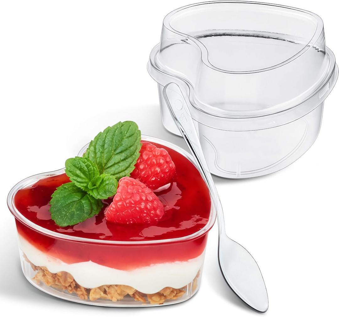 TOFLEN 5 oz Heart Shaped Dessert Cups with Lids and Spoons 150 Pcs | Serves 50 | Mini Plastic Dessert Shooter Cups for Parfait, Cheesecake, Mousse, Appetizers, Jello Shot and Puddings