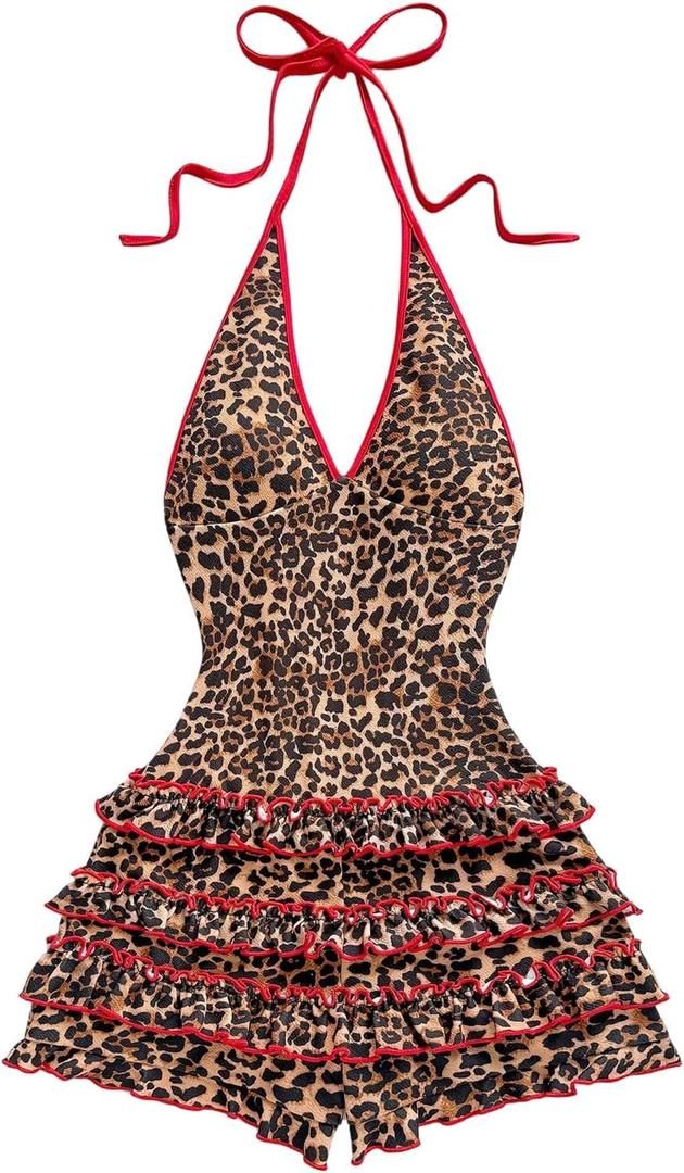 Milumia Women's Leopard Print Sleeveless Halter Romper Y2K Contrast Binding Shorts Jumpsuit M