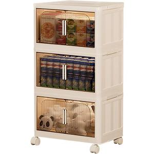 Stackable Organizer Drawers with Wheels, Foldable Plastic Storage Bins for Clothes/Dorm Room Double Door Cream Rolling Cabinet Height (Reinforce Stripe: 3 Clear, 19.8"D x 11.8"W x 31.1"H)