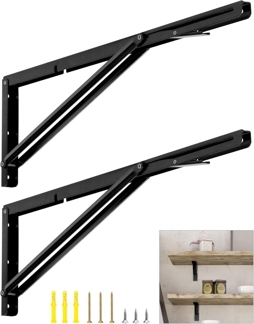 QWORK 24" Heavy Duty Folding Shelf Brackets for Wall Mounted Folding Tables Benches Shelves, Max Load 330lbs, 2 Pack Iron Bracket with Black Finish QWORK 24" Heavy Duty Folding Shelf Brackets for Wall Mounted Folding Tables Benches Shelves, Max Load 330lbs, 2 Pack Iron Bracket with Black Finish