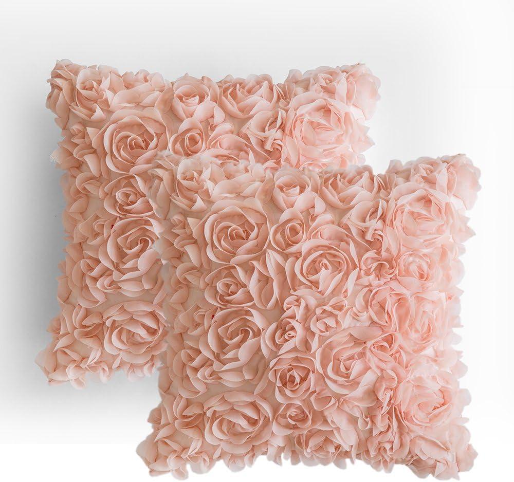 MIULEE 3D Rose Flower Pillow Cover Pack of 2 Decorative Valentines Romantic Stereo Chiffon Spring Aesthetic Solid Pillowcase for Girl Women Girlfriend Couch Bedroom Decor 16x16 Inch Peach Pink