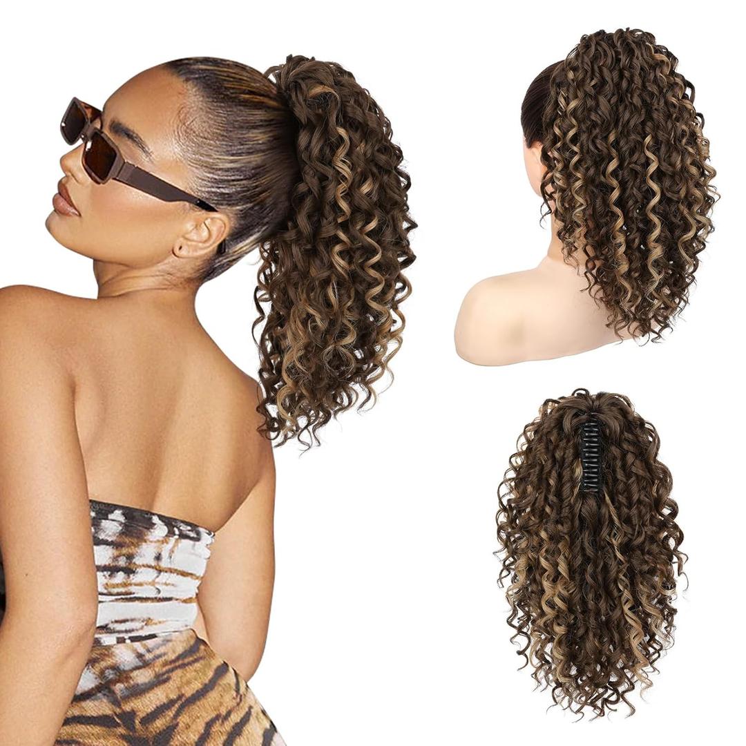 REECHO Ponytail Extension, Curly Claw Clip Ponytail Hair Extension Synthetic Clip in Pony Tails Cheer Ponytail Hair Piece for Dance Sports Daily, Chocolate Brown with Highlights