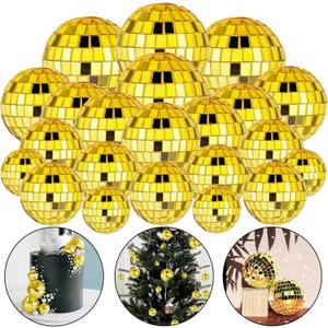 27 PCS Gold Disco Ball Cake Ornaments Reflective Mirror Balls for 70s Disco Themed Party Christmas Tree Decoration