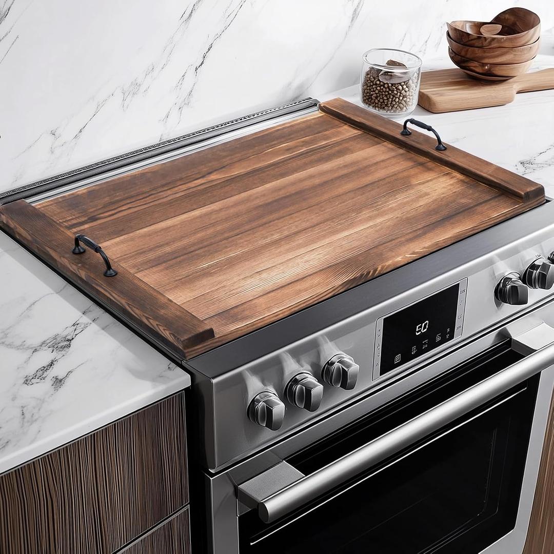 Gas Stove Top Cover with Handles, Wooden Noodle Board for Electric Gas Stovetop, 30 x 22 Inches, Brown