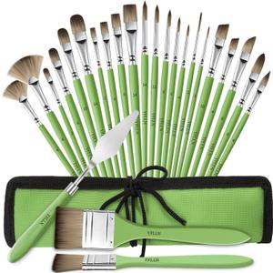 Paint Brushes Set of 25 Pieces Wooden Handles Brushes,Professional Artist Series with Filbert, Fan, Dagger, Cat Tongue, Round, Angle, Wide Flat Canvas Roll Bag & Palette Knife