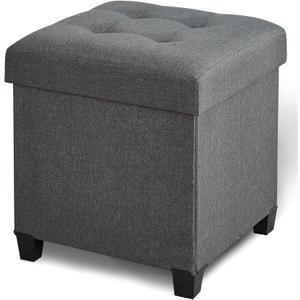 17.7" Ottoman with Storage, Square Storage Ottoman for Dorm, Linen Ottomans with Legs for Living Room, Bedroom, Gray