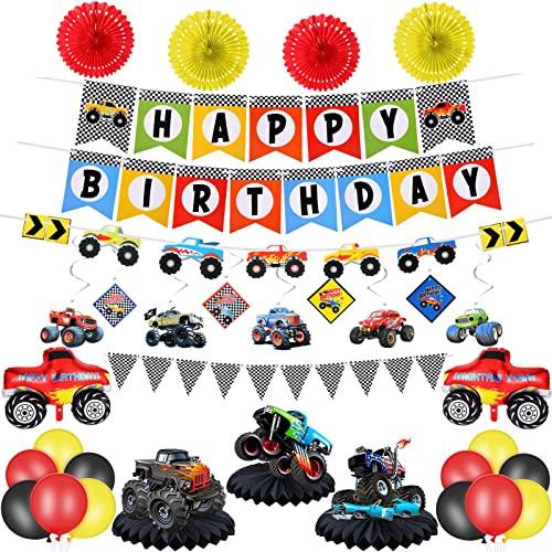 Skylety Monster Truck Birthday Party Supplies Truck Birthday Banner Triangle Bunting Hanging Swirls Multicolor Balloons Honeycomb Table Centerpieces Paper Fans