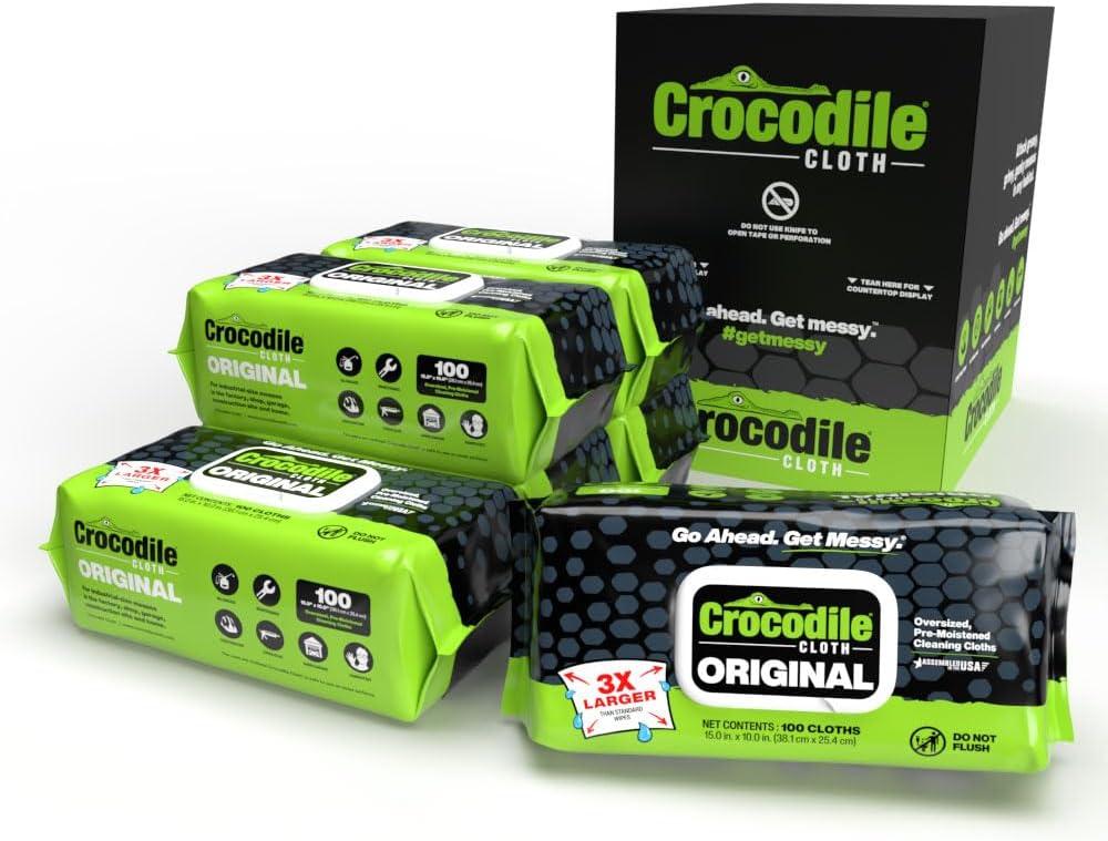 Crocodile Cloth Original Cleaning Wipes, 600 Count (6 Packs of 100)  Heavy-Duty 15 x 10 Multi-Surface Shop Wipes, Water-Based, Safe on Skin, Cuts Grease, Grime & Dirt