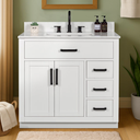 Bathroom Vanity with Sink, Solid Wood, Marble Top, Multiple Storage Drawers & Cabinet Shelf, Built-in Power Outlet