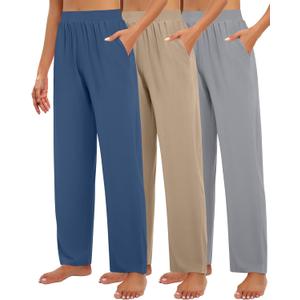 Huukeay 3 Pack Women's Lounge Pants, Cozy Wide Leg Lounge Slacks with Pockets Loose Flowy Yoga Sweatpant Workout Comfy Jogger (Light Gray, Khaki, Denim Blue), S