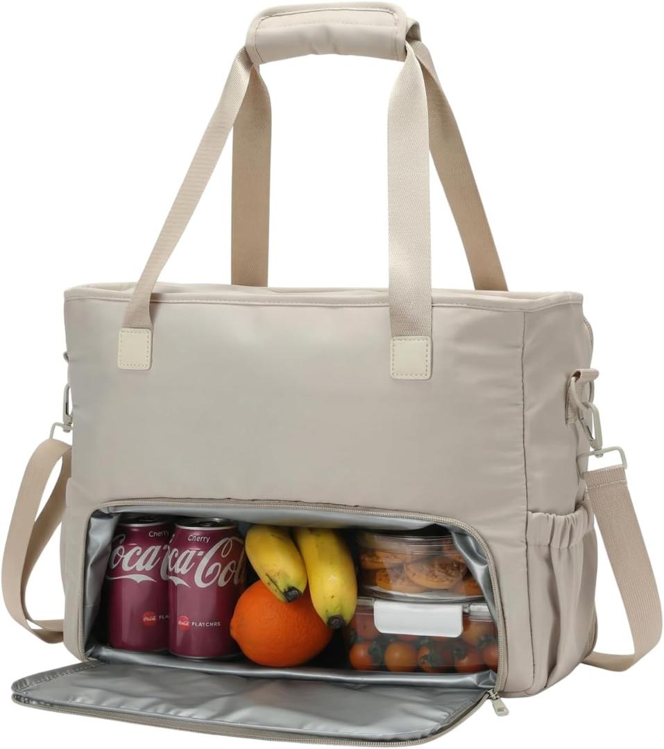 Lunch Tote Bag for Women with 15.6" Laptop Compartment, Work Tote Bag with Insulated Lunch Compartment, Large Casual Polyester Handbag Lunch Bags for Nurse, Teacher, Office, Travel, Beach, Khaki