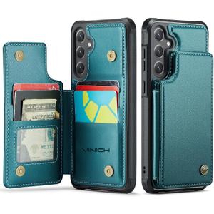 Vinich for Samsung Galaxy S25 FE Wallet Case with Card Holder, RFID Blocking Credit Slots Kickstand Shockproof Phone Cover Fit for Galaxy S25 FE 6.7" Bluish Green