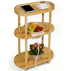 Side Table, Nightstand with Charging Station — Bamboo Narrow End Table with 3-Tier Oval Design & Storage Shelf for Bedroom, Living Room, Small Spaces, Portable, Natural (16"×8"×26")