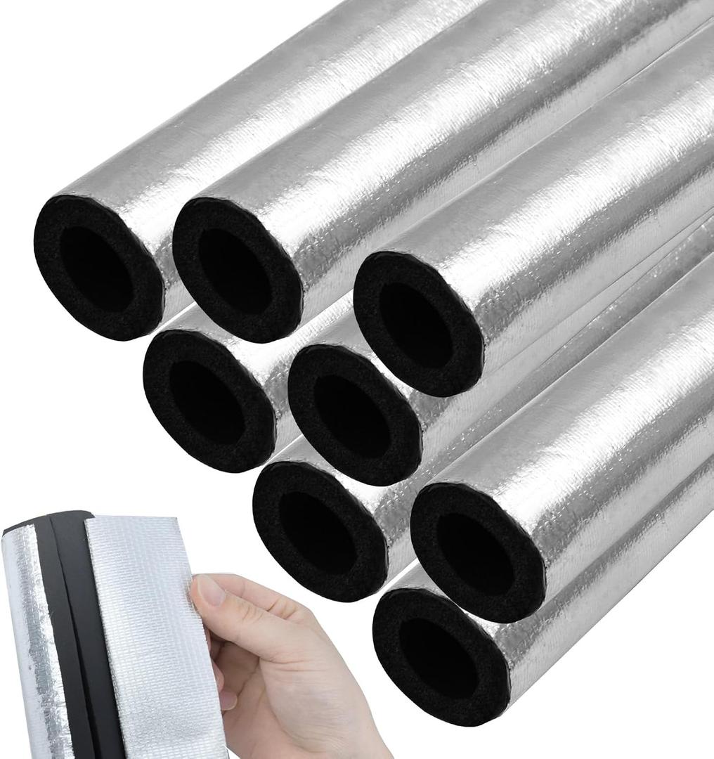 8PCS Pipe Insulation Foam Tube Self Adhesive Exterior Water Pipe Insulation Cover Wrap Aluminum Foil Freeze Protection for Outside Outdoor Winter Irrigation Sprinkler Spigot Isolation 1.3Ft*0.6Inch