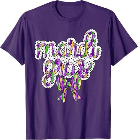 Coquette Bow Mardi Gras New Orleans Louisiana Dalmatian Dots T-Shirt (Small, Purple)