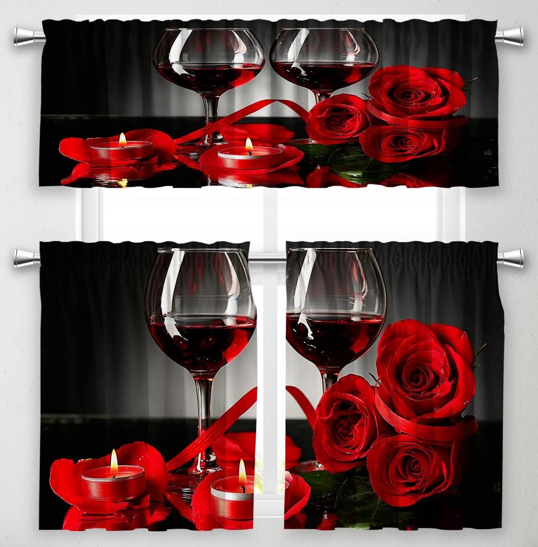 Red Wine Rose Kitchen Curtains and Valances Set 3 Pieces Red Rose Kitchen Curtains Floral Window Treatments for Cafe Living Room (52"W x 36"L (Pack of 1), Black)