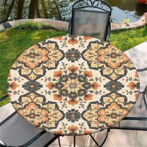 Round Fitted Tablecloth with Elastic Edge, 36"-60" Waterproof Stain Resistant Table Cover for Indoor, Outdoor, Picnic, Dining, Camping, Party, Holiday, 48inch, Boho Vintage