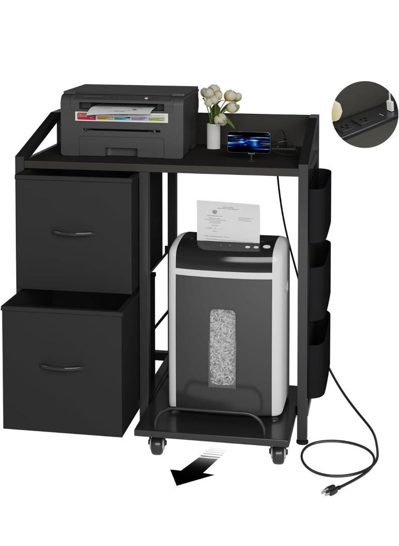 Printer Stand with Storage, Lateral Office Filing Cabinets with Power outlets & USB Charging Port, File Cabinet with Large Printer Stands for Home Office, Shredder Stand Rack (Black)