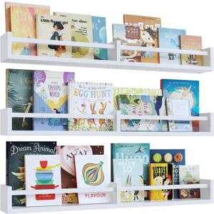 White Nursery Bookshelves,32Inch, Floating Nursery Shelves - Set of 3 - Book Shelf Organizer for Baby Nursery Room Decor, Wall Shelves for Kitchen Spice Rack, Pine