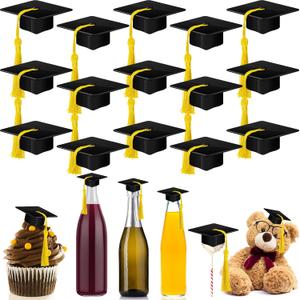 Qunclay 30 Pieces Mini Graduation Cap Black Hats with Gold Tassels Plastic Grad Cake Pops Cover Toppers for Graduation Party Decorations