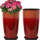 Neoaider Set of 2 Lightweight Ceramic-Look Tall Planter, 21 inch Large Plastic Planter with Drain Hole & Saucers, Large Outdoor Planters for Porch, Garden, Patio, Balcony(Fiery Red)