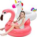 SLOOSH 2-Pack Unicorn Flamingo Pool Floats - Inflatable Pool Floaties Swimming Party Decorations, Fun Float Swim Rings Floating Tubes Beach Lake Summer Vacation Floaty with Headrest for Adults Kids, 42 Inches in Diameter