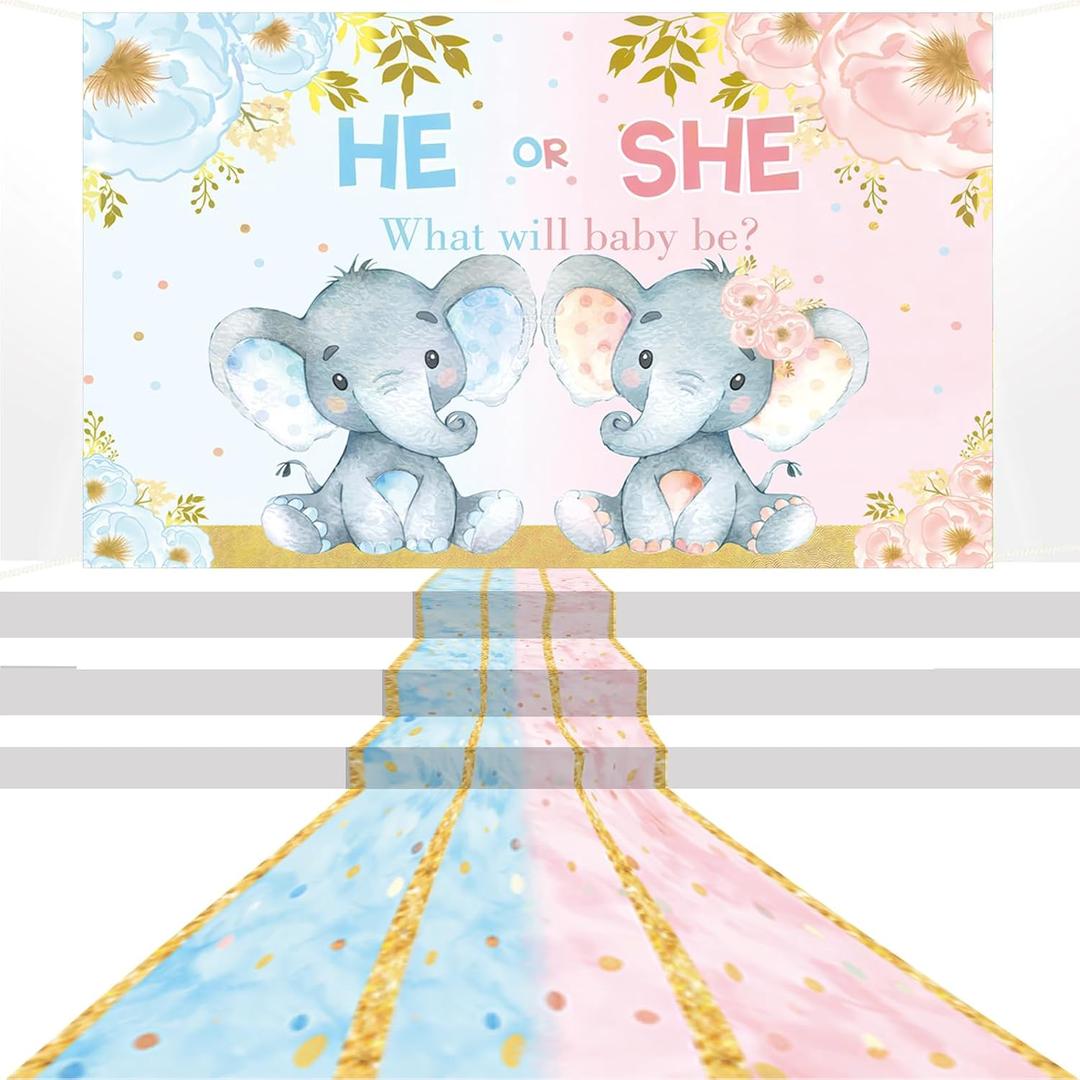 2 Pcs Cartoon Elephants Photo Background Blue and Pink Runway Carpet Gender Reveal Decor Supplies What Will Baby Be Polyester He or She Photography Background Birthday Party Banner