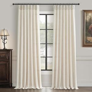Unique Beige White 86 Inch Bedroom Curtains 2 Panel Sets, Modern Pinch Pleat Linen Sheer Viral Curtain Light Filtering Heavy Window Drapes with Hooks Rings Ceiling Track Aesthetic for Nursery/Sunroom