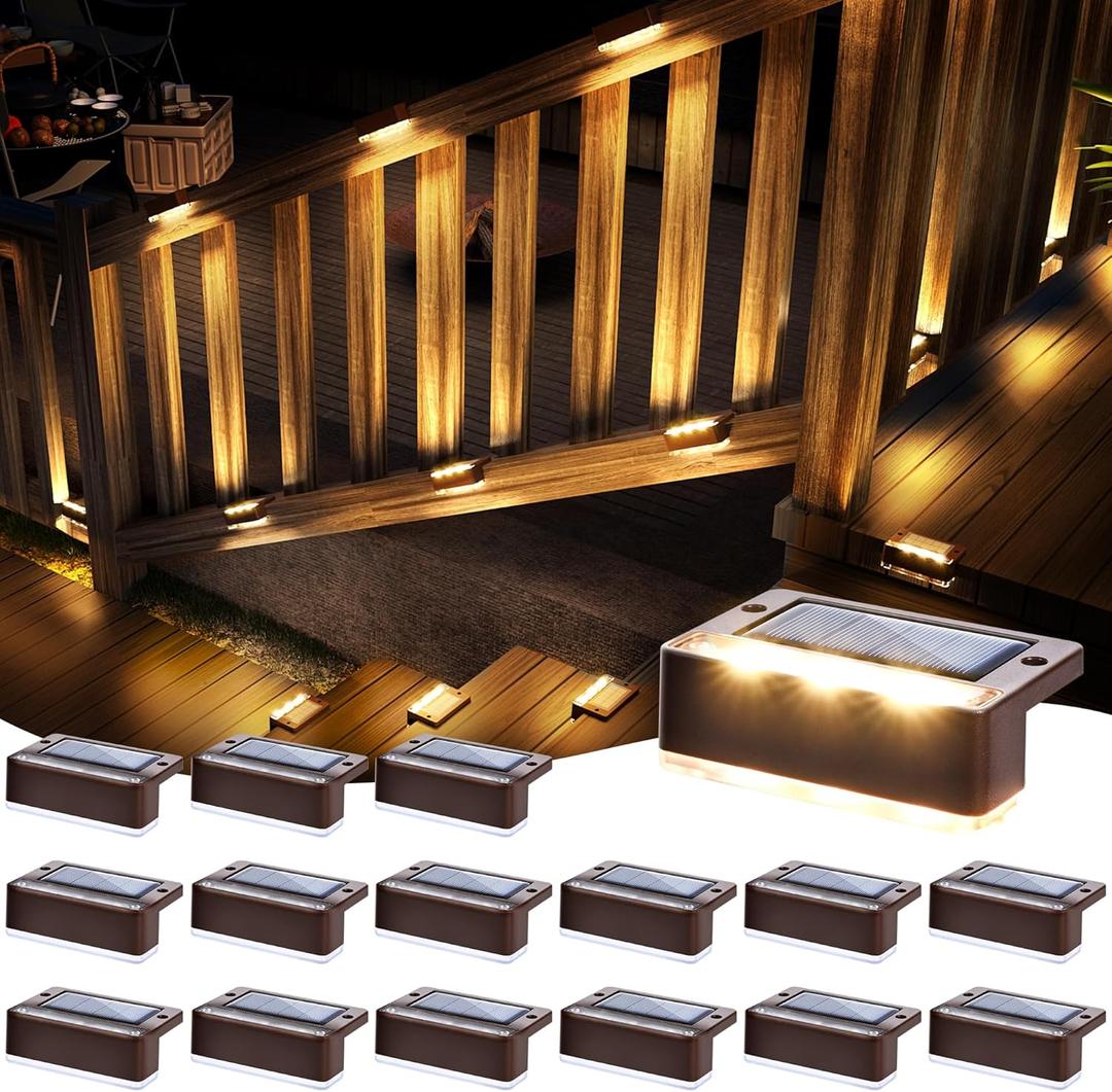 SOLPEX Solar Fence Lights, Solar Deck Lights Outdoor Waterproof Solar Powered for Step, Stair, Balcony,Front Porch,Garden, Walkway,Yard, Patio Decor, IP65 Waterproof (16 Pack, Warm White) 6 LEDs (Brown)