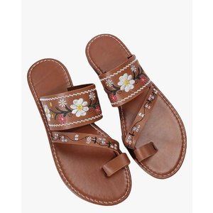 OYOANGLE Women's Boho Floral Embroidered Flat Sandals Toe Ring Leather Flip Flops Vacation Beach Thong Sandals size 37