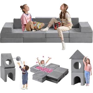 22Pcs Modular Kids Play Couch, 1000+DIY Creativing Playroom Furniture for Kids, Toddler Couch, Convertible Foam and Floor Cushion for Boys and Girls, Grey 2