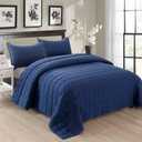 EMME Quilts Queen Size Bedding Sets Navy Blue Bedspread, Soft Lightweight Pre-Washed Bed Set, 3 Piece Cozy Reversible Microfiber Bed Coverlet with Pillow Sham(Square Pattern,90"x90")
