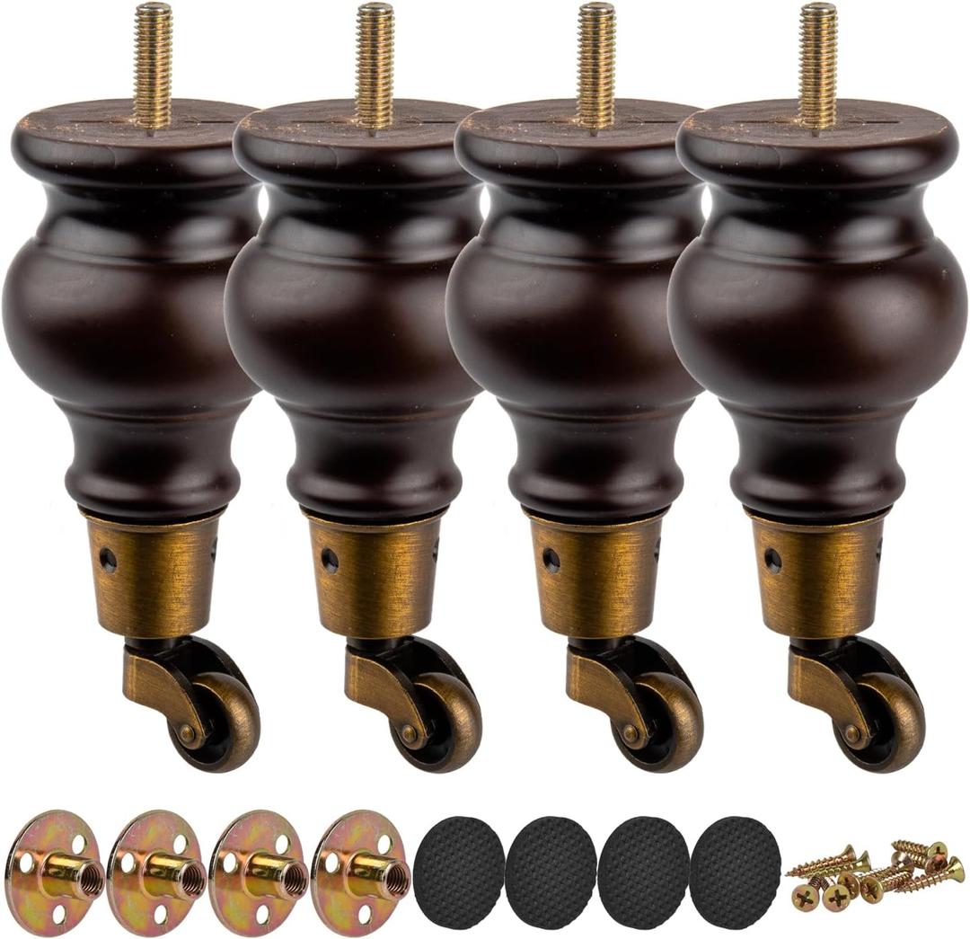 6 inch / 16cm Wooden Furniture Legs with Casters Wheels, Pack of 4 Classic Walnut Solid Wood Round DIY Replacement Bun Feet with for DIY Project Sofa Couch Cabinet Ottoman Bed Riser